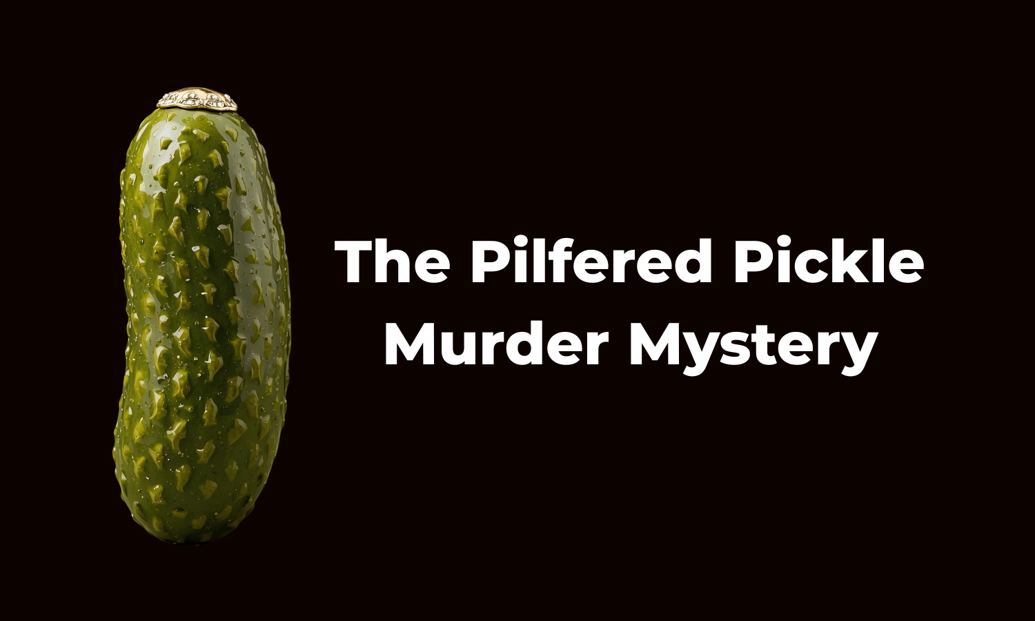 Image of a glass pickle with wording The Pilfered Pickle Murder Mystery